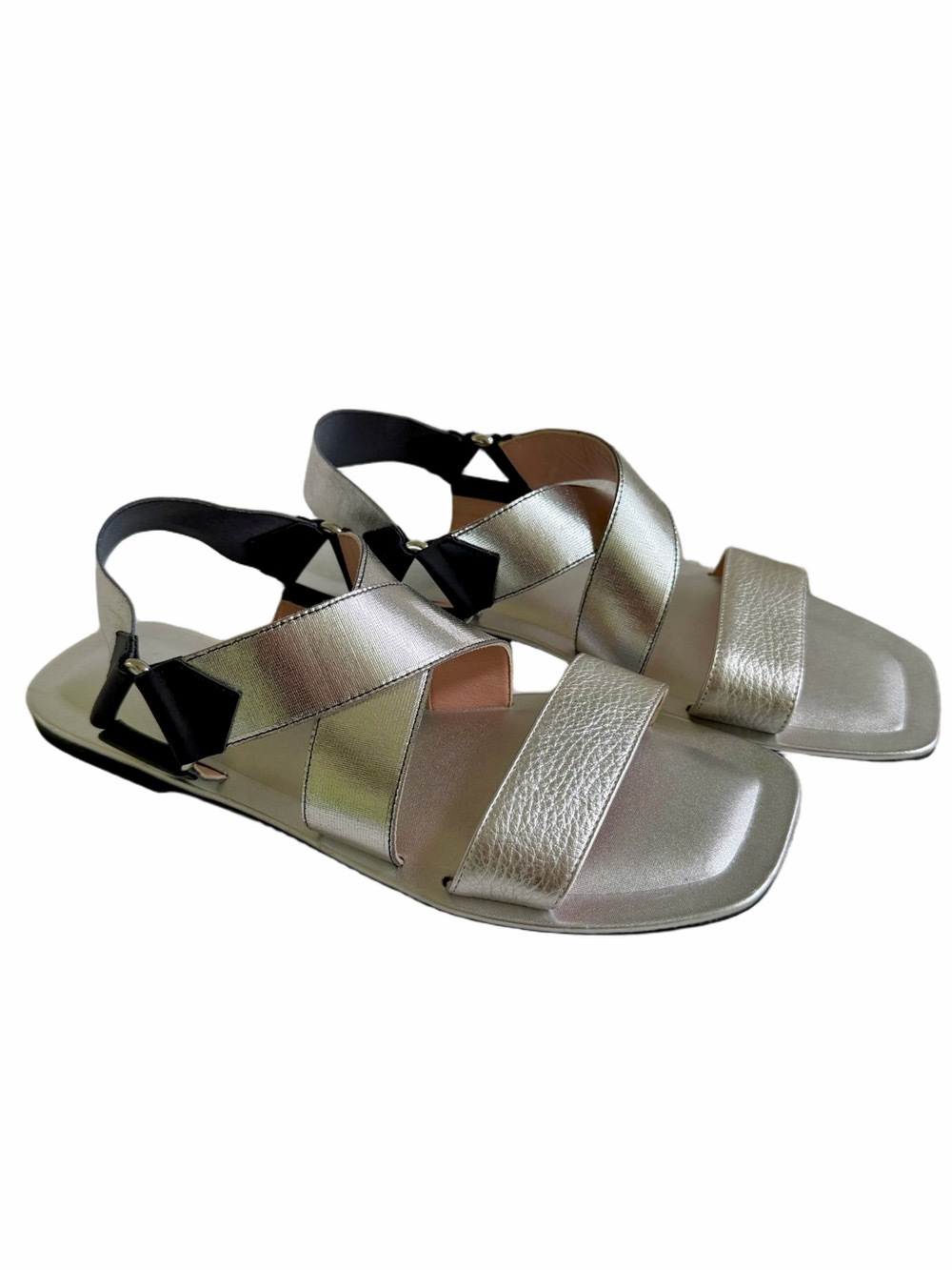 Pollini Soft Walk Metallic Silver Black Leather Flat Sandals Size 8.5 IT 39 EUC